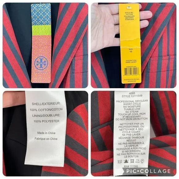 Tory‎ Burch Blazer Jacket Red Navy Stripe Logo Embossed Buttons Lined Women 10 - Picture 7 of 8